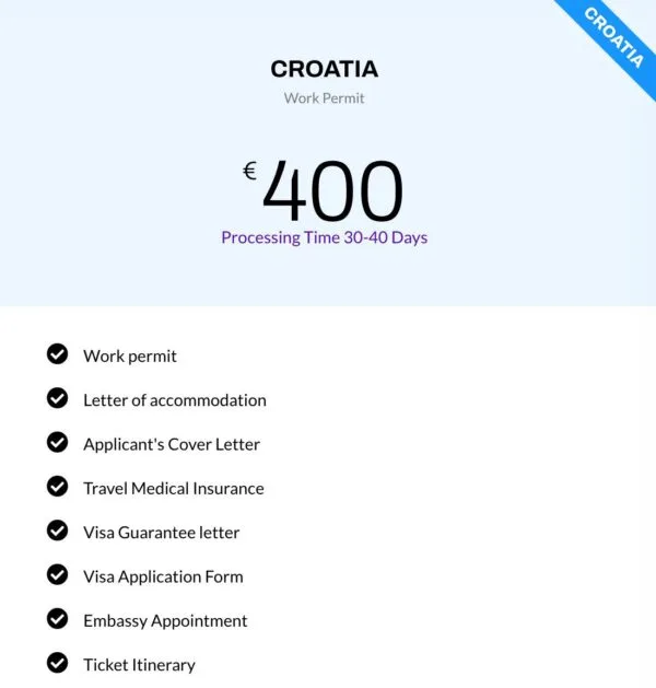 For Croatia Work Permit 50% Service Charge