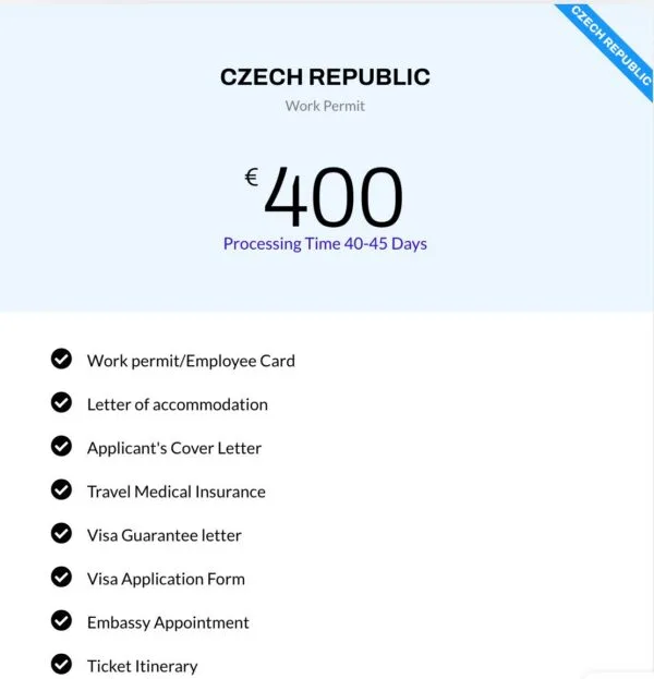 For Czech Republic Work Permit 50% Service Charge