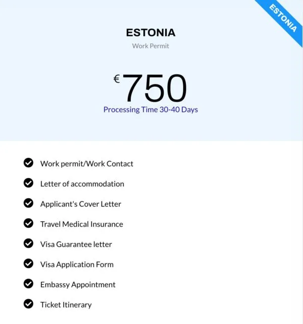 For Estonia Work Permit Full Service Charge