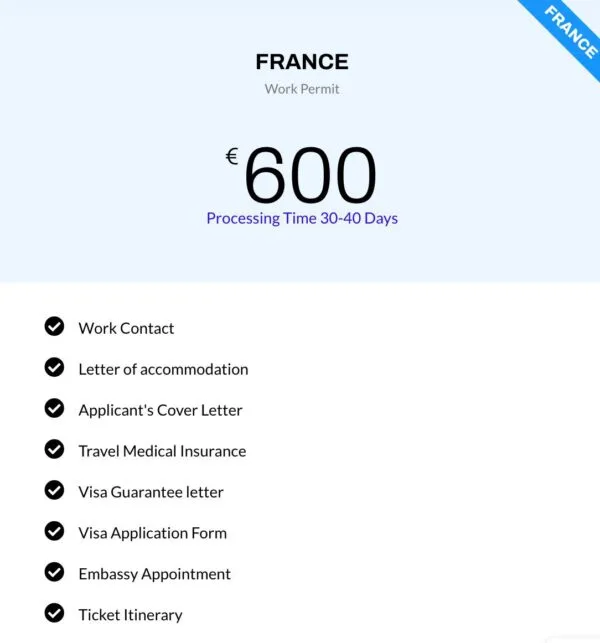 For France Work Permit 50% Service Charge