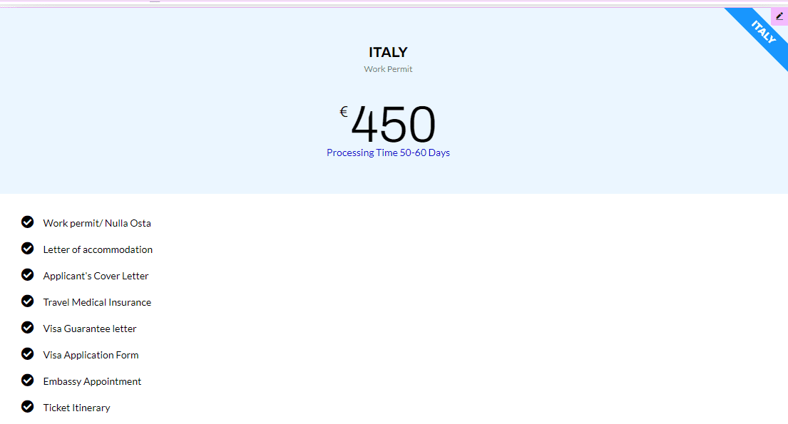 For Italy (Nulla Osta) Work Permit 50% Service Charge 1 For Italy (Nulla Osta) Work Permit 50% Service Charge