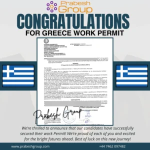 Official Greece work permit approval letter for a Vietnamese candidate secured by Prabesh Group