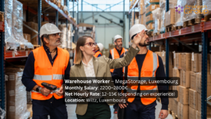 Warehouse Worker – MegaStorage Luxembourg 🇱🇺 Monthly Salary 2200–2800E Net Hourly Rate 12–15E depending on experience Location Wiltz Luxembourg