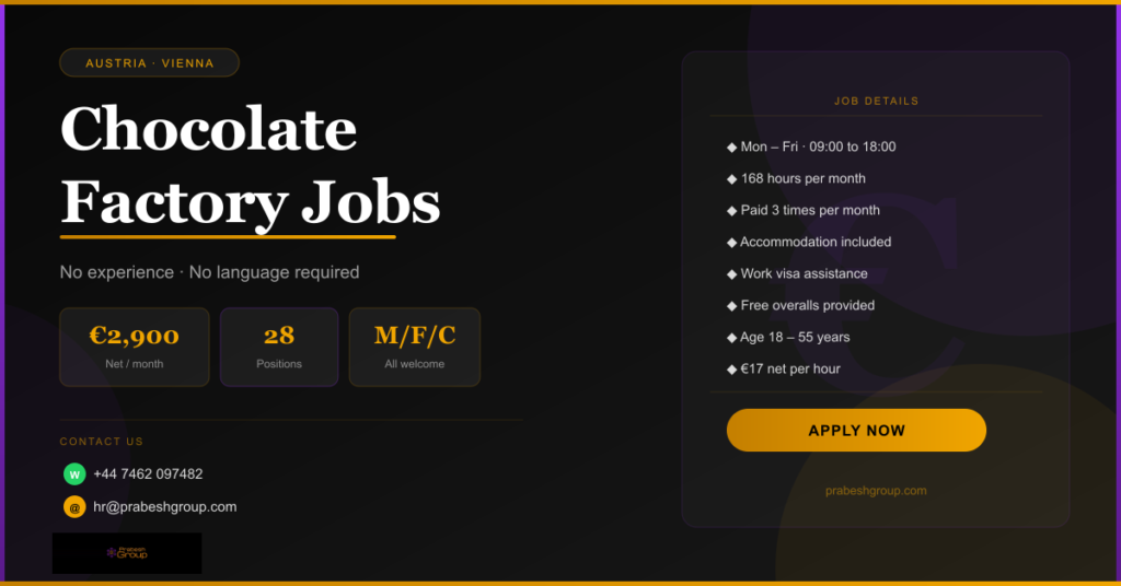 Factory jobs in Vienna Austria with no experience — 28 packer and sorter positions paying €2,900/month, posted by Prabesh Group