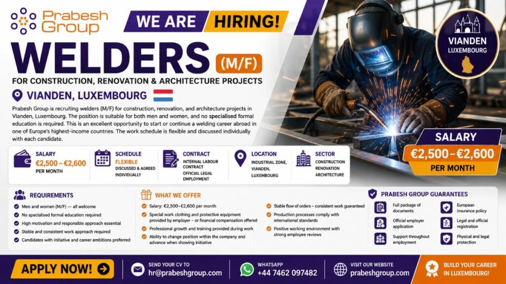 Welder jobs in Luxembourg (Vianden)- €2,500–€2,600month, MF welcome, flexible schedule