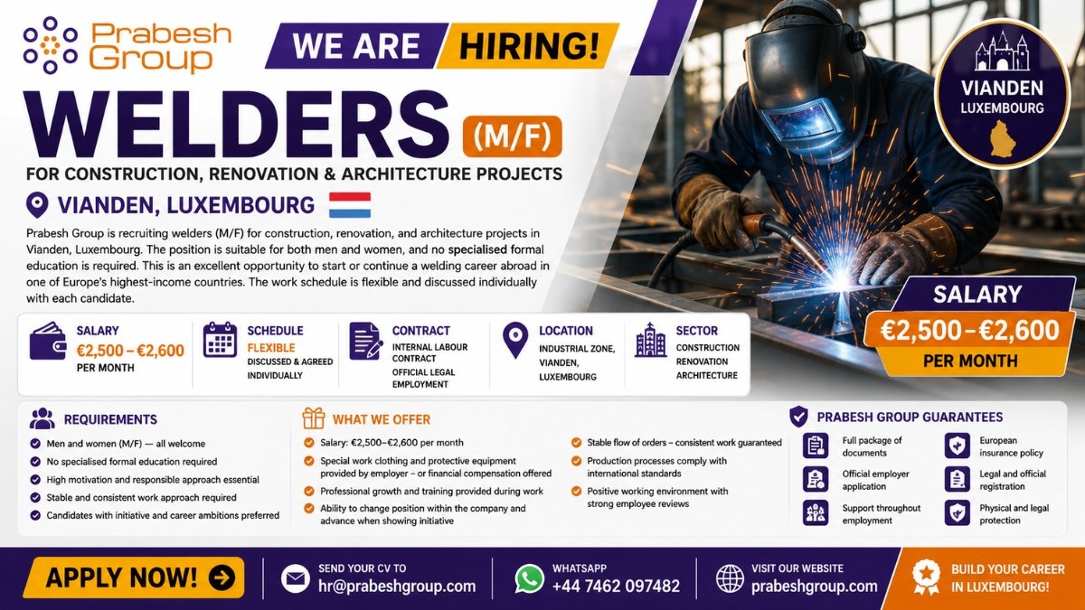 Welder jobs in Luxembourg (Vianden)- €2,500–€2,600month, MF welcome, flexible schedule