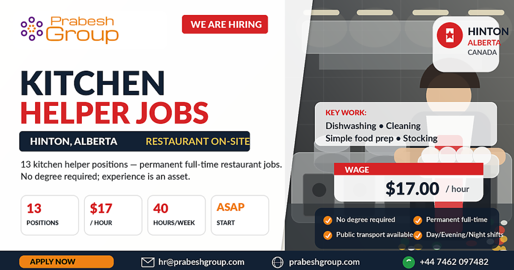 Kitchen helper jobs in Hinton Alberta — restaurant position paying $17hour with no degree required, 13 vacancies available