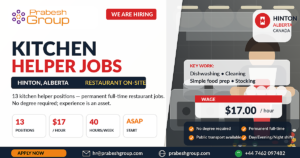 Kitchen helper jobs in Hinton Alberta — restaurant position paying $17hour with no degree required, 13 vacancies available