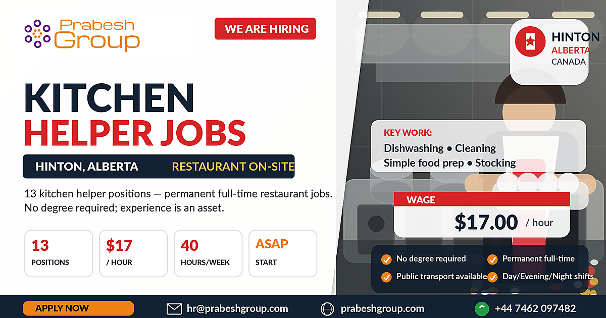 Kitchen helper jobs in Hinton Alberta — restaurant position paying $17hour with no degree required, 13 vacancies available