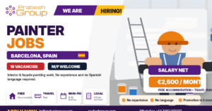 Painter jobs in Barcelona Spain no experience — interior and façade painting positions paying €2,100–€2,500month with free accommodation, posted by Prabesh Group