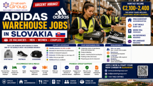 Adidas warehouse jobs in Slovakia — 26 packer positions paying €2,100–2,400/month with work visa, free dormitory and 2 hot meals daily, posted by Prabesh Group