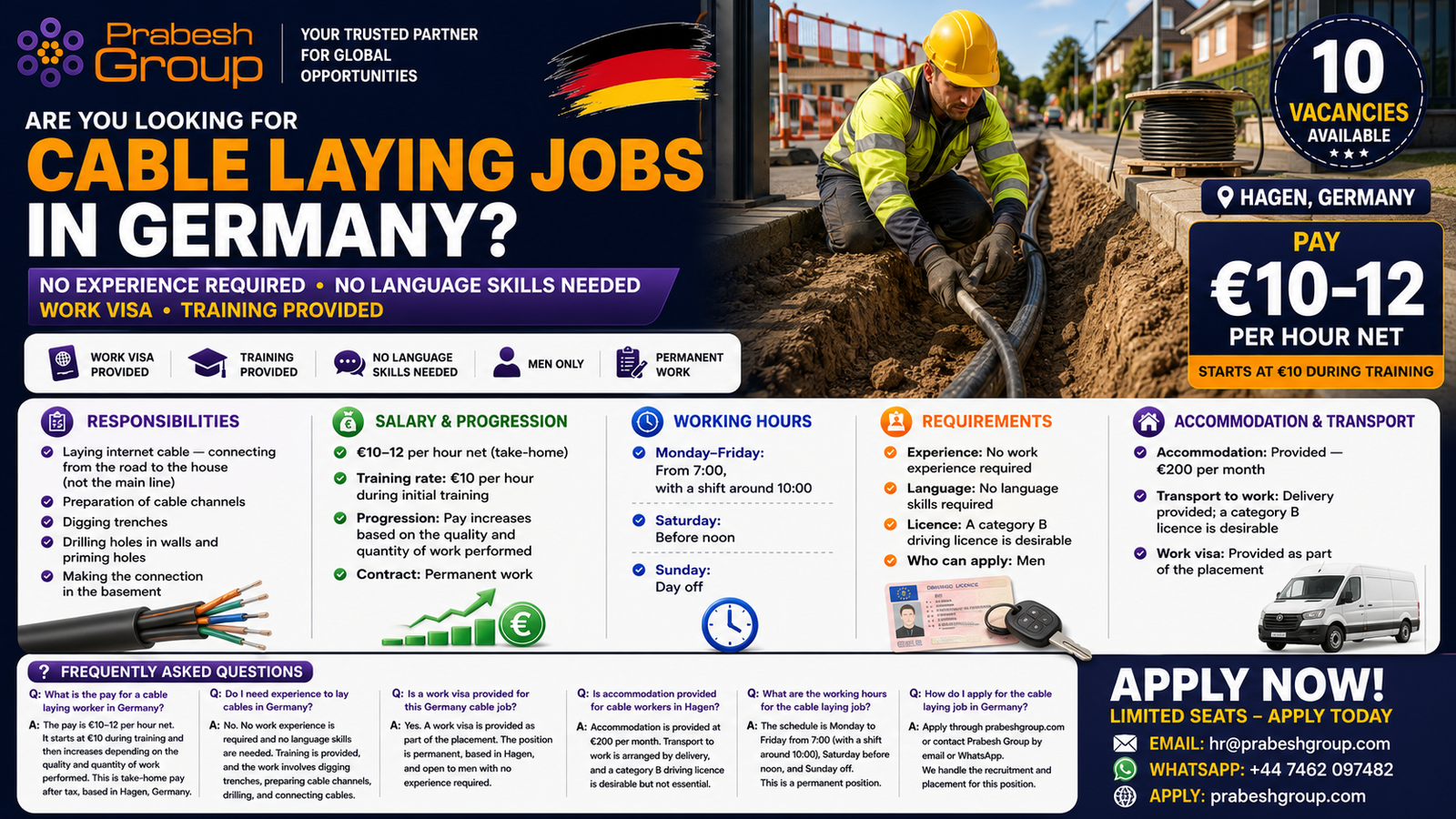 Cable laying worker jobs in Hagen Germany no experience — cable worker positions in Hagen paying €10–12hour net with work visa and training, posted by Prabesh Group