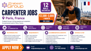 Carpenter jobs in France with accommodation — carpentry positions in Paris paying €2,500–3,000month with free housing and official employment, posted by Prabesh Group