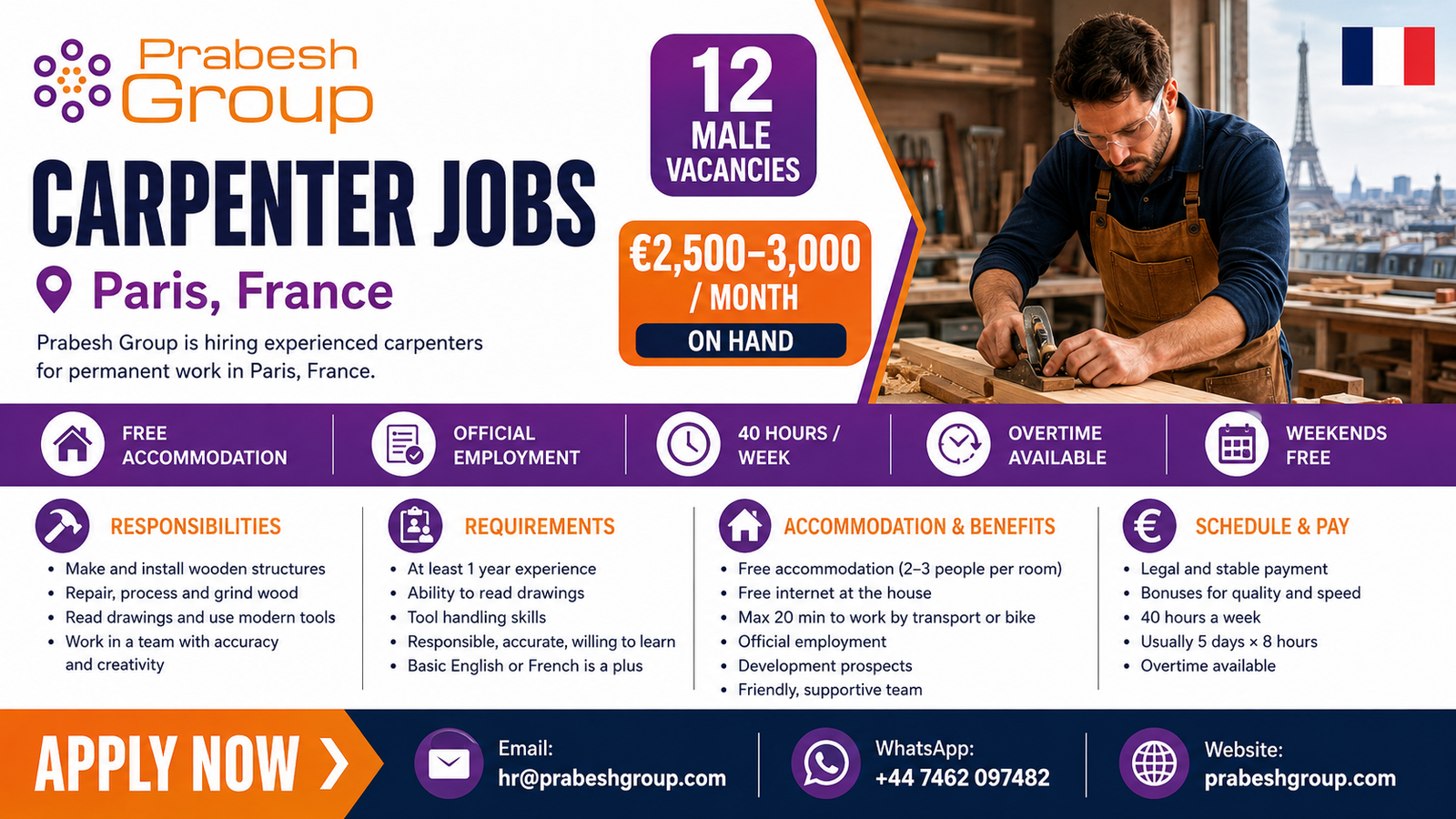 Carpenter jobs in France with accommodation — carpentry positions in Paris paying €2,500–3,000month with free housing and official employment, posted by Prabesh Group