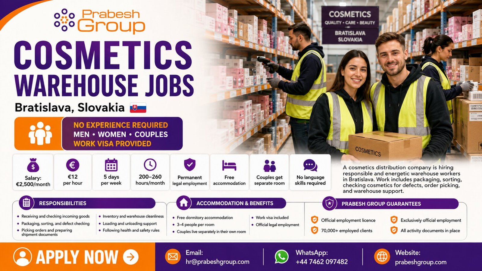 Cosmetics warehouse jobs in Bratislava Slovakia no experience — positions paying €2,500month with work visa and free accommodation, posted by Prabesh Group