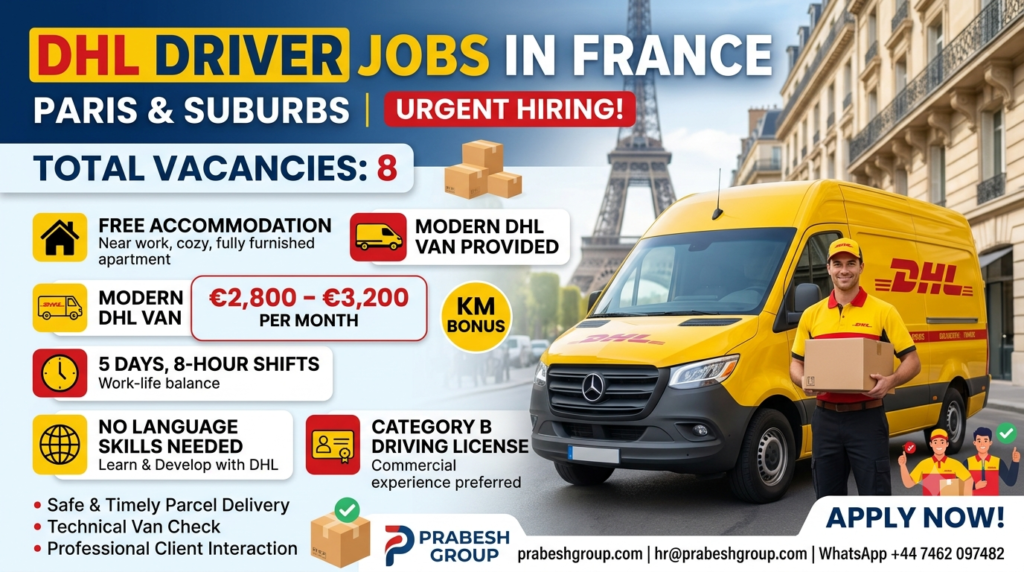 DHL driver jobs in France with accommodation — delivery driver positions in Paris paying €2,800–3,200month with free housing and a van provided, posted by Prabesh Group