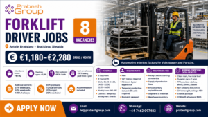 Forklift driver jobs in Bratislava Slovakia — 8 VZV positions at Antolin automotive factory paying €1,180–2,280month with accommodation, posted by Prabesh Group