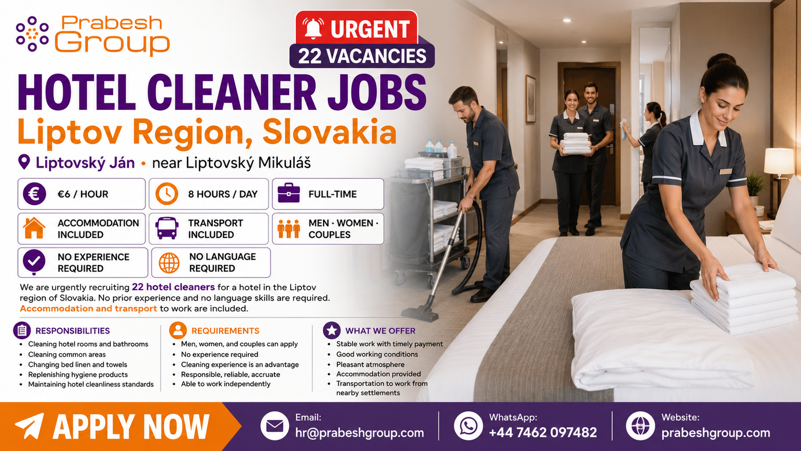 Hotel cleaner jobs in Slovakia no experience — 22 urgent housekeeping positions in Liptov paying €6hour with accommodation, posted by Prabesh Group