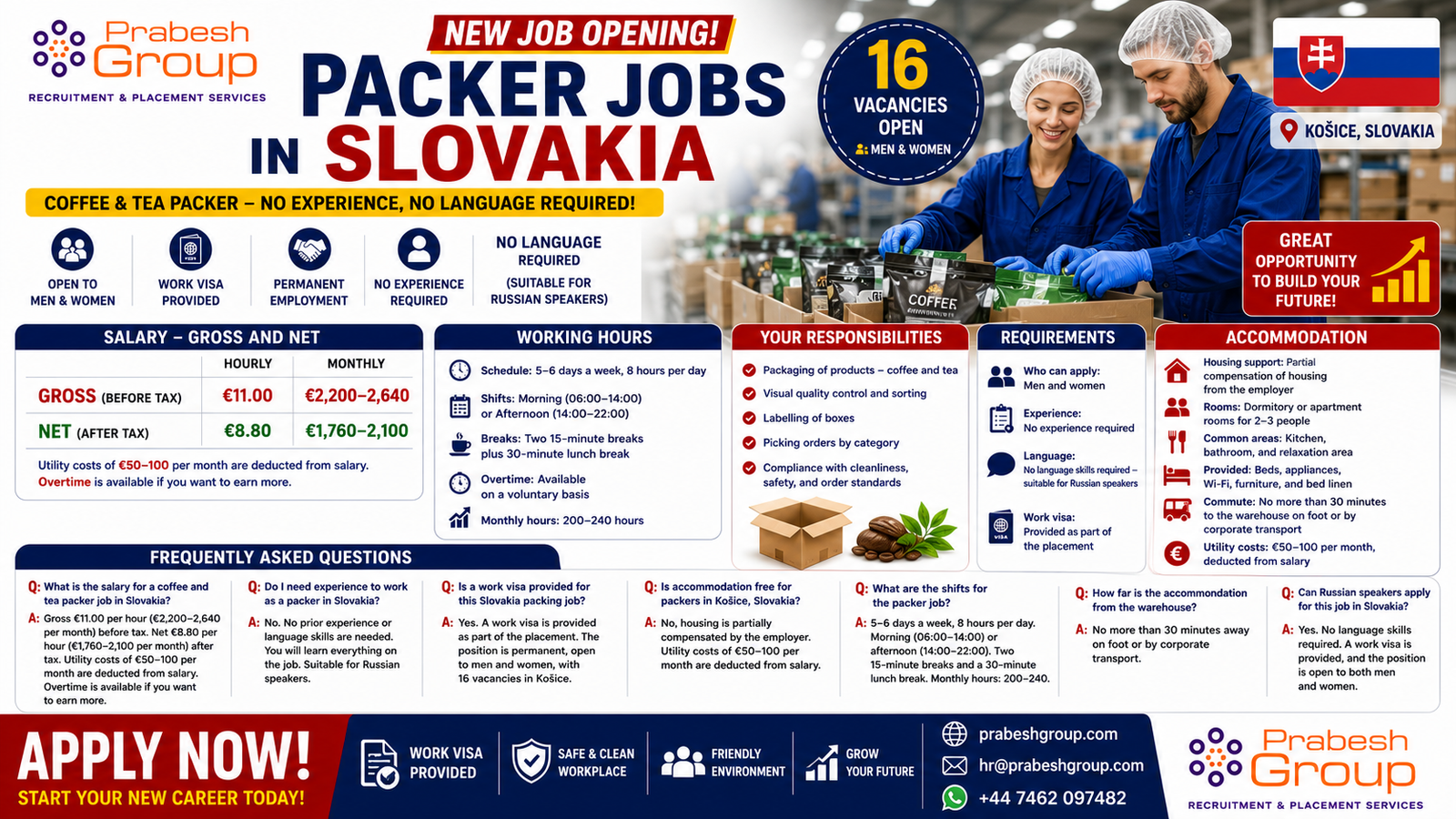 Packer jobs in Slovakia no experience — 16 coffee and tea packing positions in Košice paying €11hour with work visa and accommodation, posted by Prabesh Group
