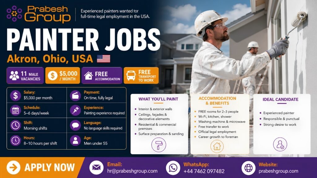 Painter jobs in USA with accommodation — painting positions in Akron Ohio paying 5000month with free housing and transport posted by Prabesh Group