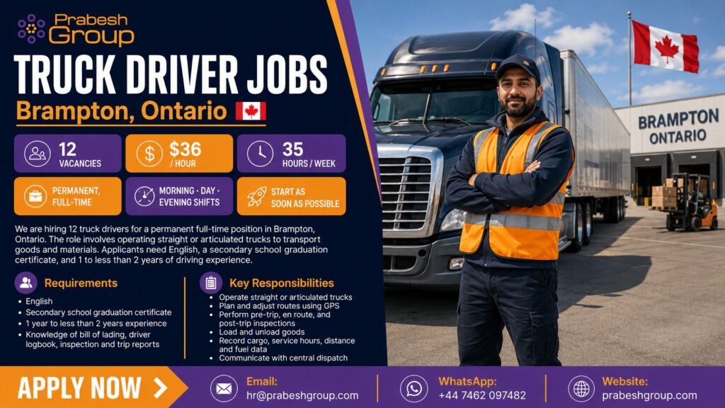 Truck driver jobs in Brampton Ontario — permanent position paying $36hour with 12 vacancies, posted by Prabesh Group