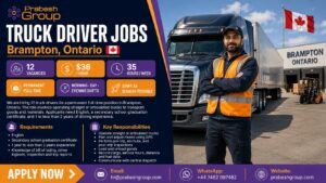 Truck driver jobs in Brampton Ontario — permanent position paying $36hour with 12 vacancies, posted by Prabesh Group