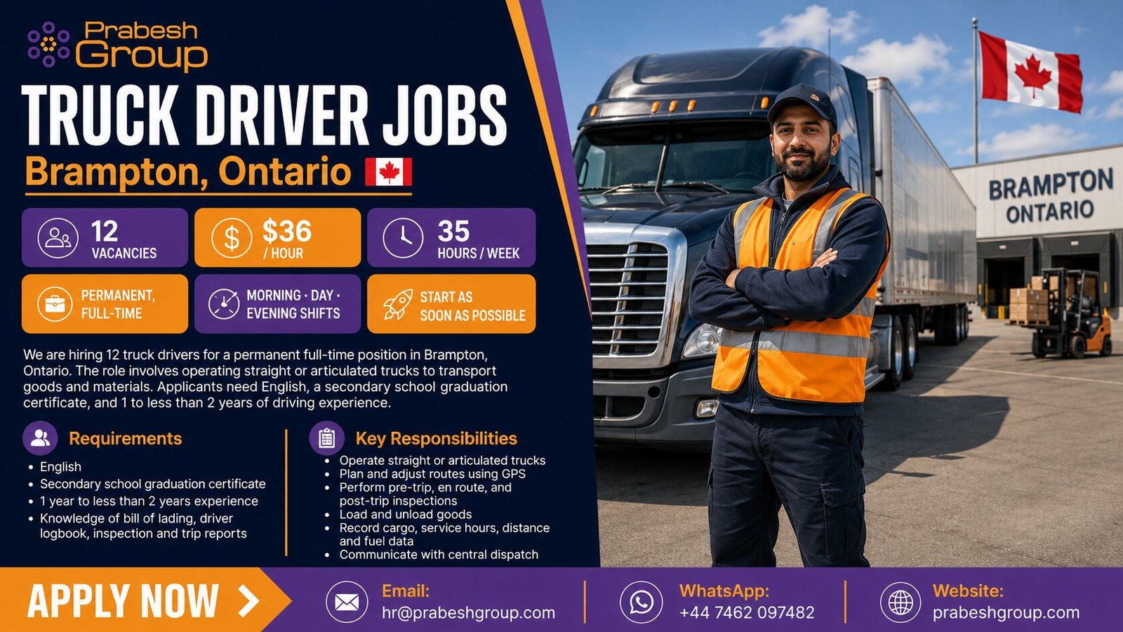 Truck driver jobs in Brampton Ontario — permanent position paying $36hour with 12 vacancies, posted by Prabesh Group