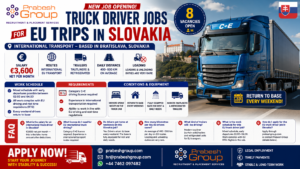 Truck driver jobs in Slovakia for EU trips — C+E international transport positions paying €3,600 net per month with weekends at base, posted by Prabesh Group