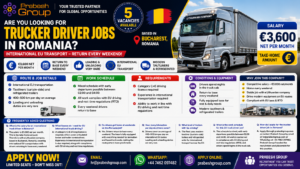 Trucker driver jobs in Romania — C+E international transport positions paying €3,600 net per month with weekends at base, posted by Prabesh Group