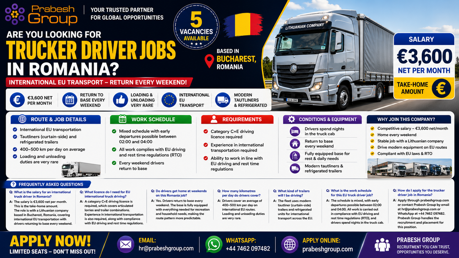 Trucker driver jobs in Romania — C+E international transport positions paying €3,600 net per month with weekends at base, posted by Prabesh Group