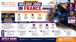 Welder jobs in France with accommodation — ArcelorMittal welding positions in Lyon paying €2,500–3,000month with free housing and meals, posted by Prabesh Group