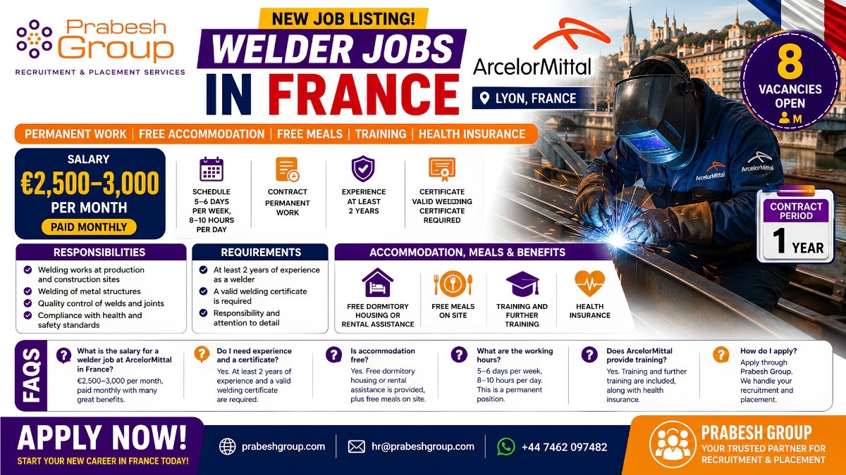 Welder jobs in France with accommodation — ArcelorMittal welding positions in Lyon paying €2,500–3,000month with free housing and meals, posted by Prabesh Group