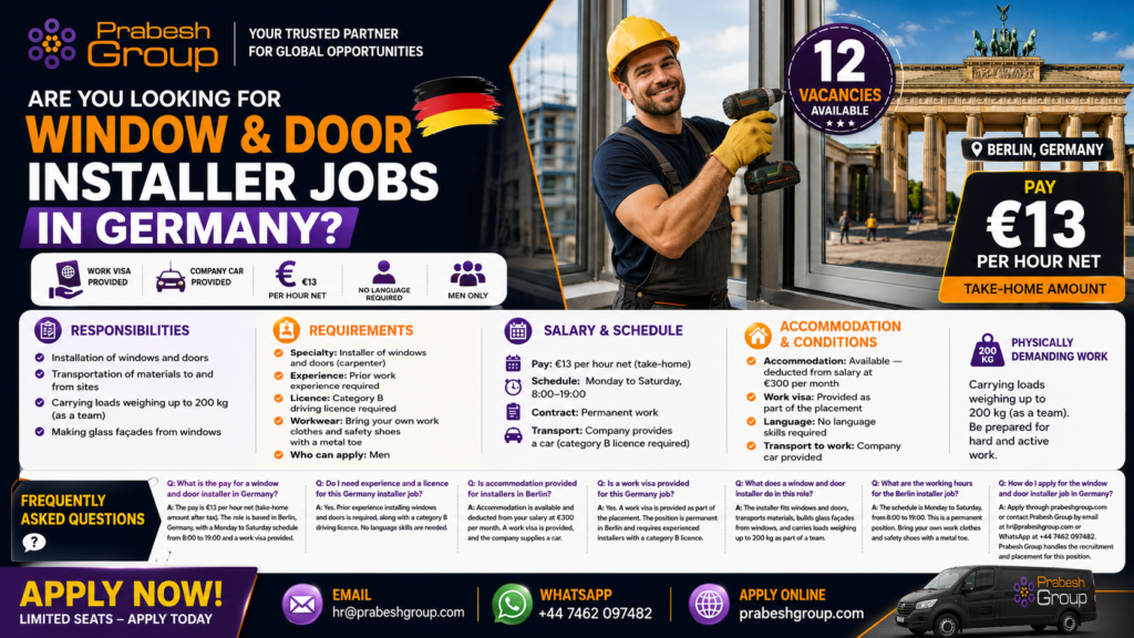 Window and door installer jobs in Berlin Germany — carpenter installer positions paying €13hour net with work visa and company car, posted by Prabesh Group