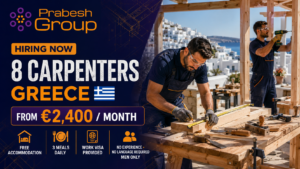 Carpenter jobs in Greece no experience — 8 carpentry positions paying from €2,400month with work visa, free accommodation and 3 meals daily, posted by Prabesh Group