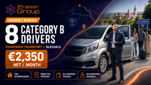 Category B driver jobs in Slovakia — urgent passenger transport positions paying €2,350 net with free accommodation and work visa, posted by Prabesh Group