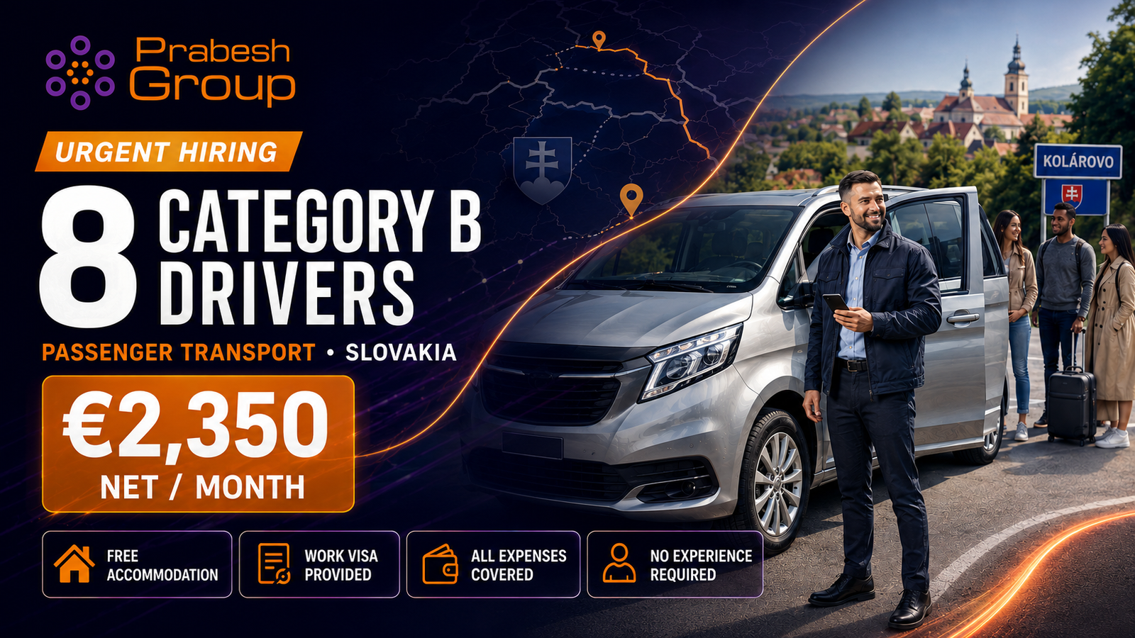 Category B driver jobs in Slovakia — urgent passenger transport positions paying €2,350 net with free accommodation and work visa, posted by Prabesh Group