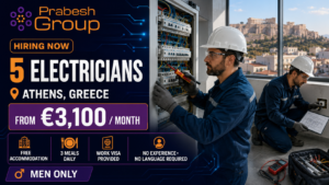 Electrician jobs in Greece no experience — 5 electrician positions in Athens paying from €3,100month with work visa, free accommodation and 3 meals daily, posted by Prabesh Group