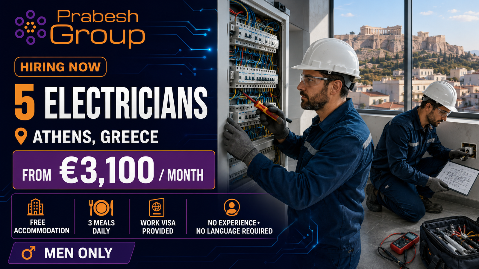 Electrician jobs in Greece no experience — 5 electrician positions in Athens paying from €3,100month with work visa, free accommodation and 3 meals daily, posted by Prabesh Group