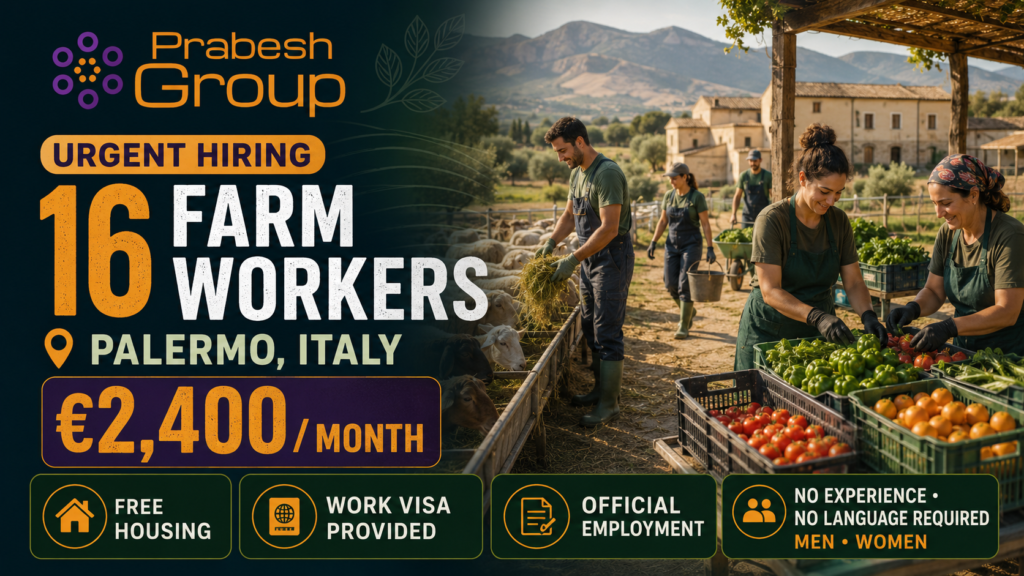 Farm work jobs in Italy no experience — 16 farm worker positions in Palermo paying €2,400month with work visa, free housing and official employment, posted by Prabesh Group