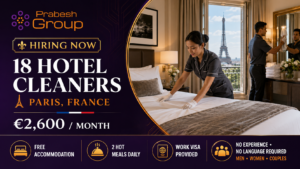 Hotel cleaning jobs in France — 18 housekeeping positions in Paris paying €2,600month with work visa, free dormitory and 2 hot meals daily, posted by Prabesh Group
