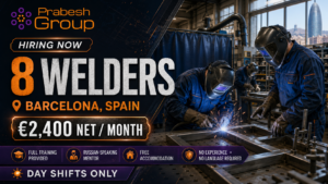 Welder jobs in Spain no experience — 8 welding positions in Barcelona paying €2,400month net with training and free accommodation, posted by Prabesh Group