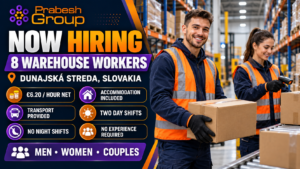 Warehouse worker jobs in Slovakia no experience — 8 positions in Dunajská Streda paying €6.20hour net with accommodation and transport, posted by Prabesh Group
